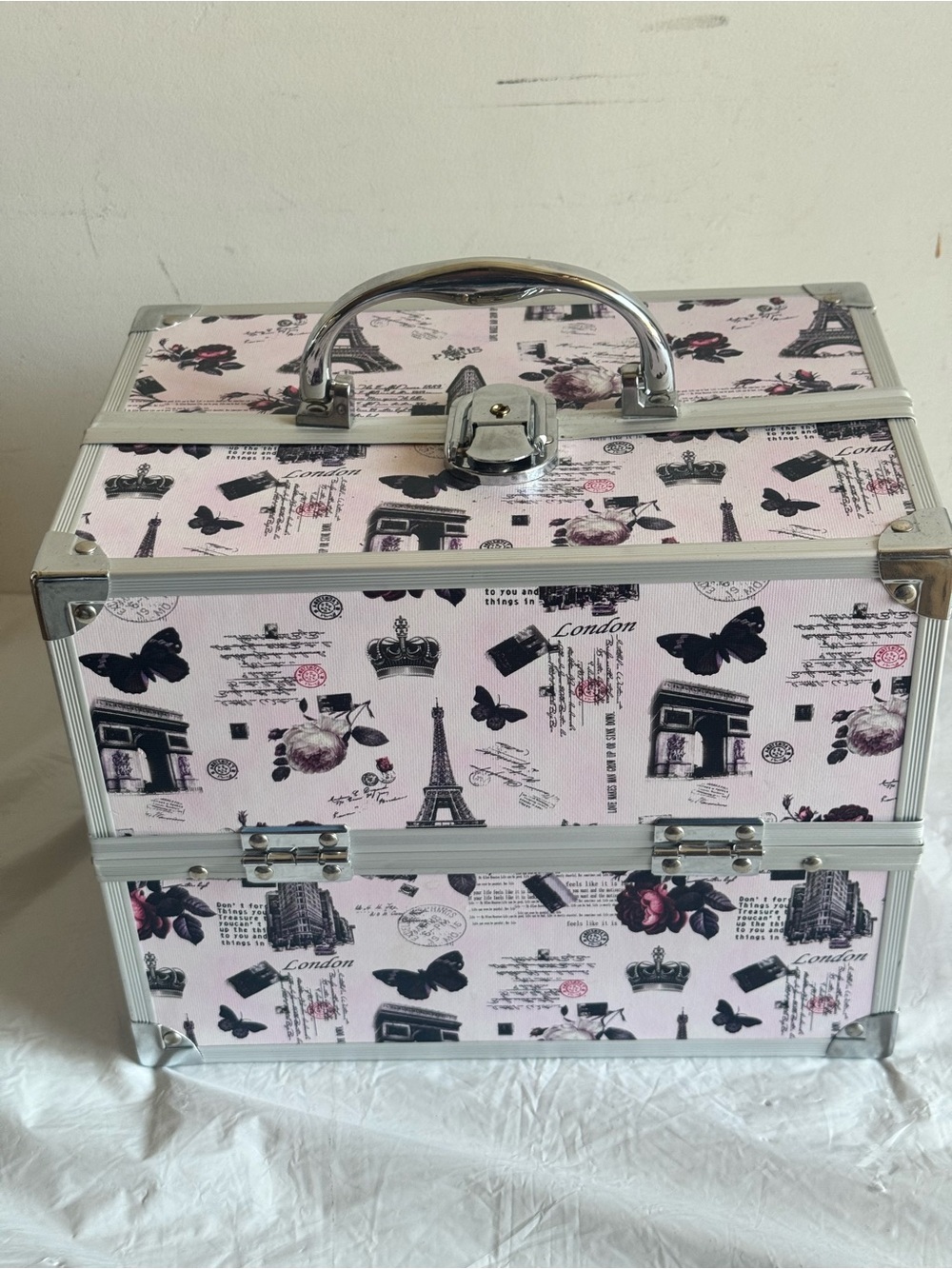 Pink Paris Print Jewelry and Makeup Storage Case with Silver Trim W7xL10xH8 inch
